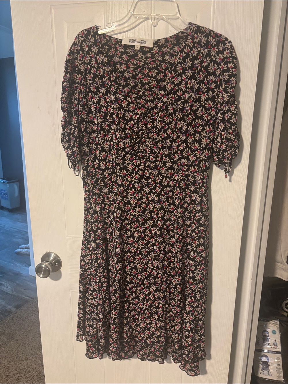 Diane Von Furstenberg Black Midi Dress with Pink Floral Print